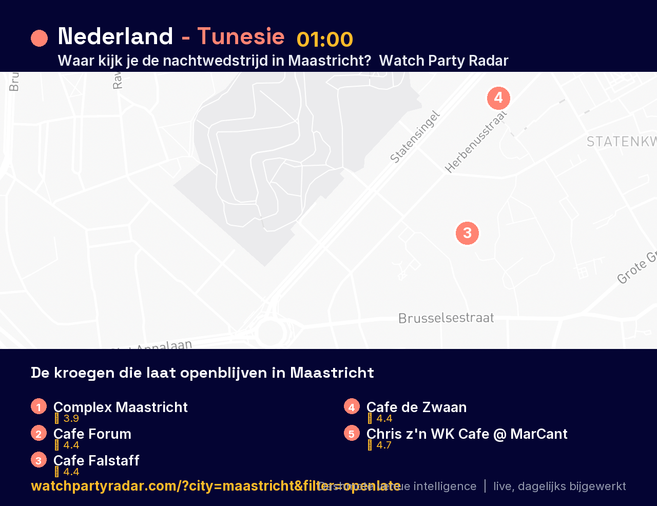 Kaart van kroegen die Nederland - Tunesie uitzenden in Maastricht