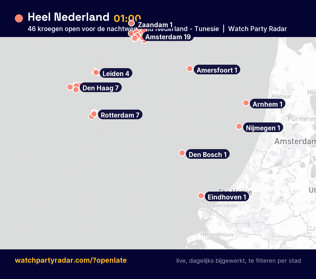 Kaart van alle kroegen in Nederland die openblijven voor de nachtwedstrijd