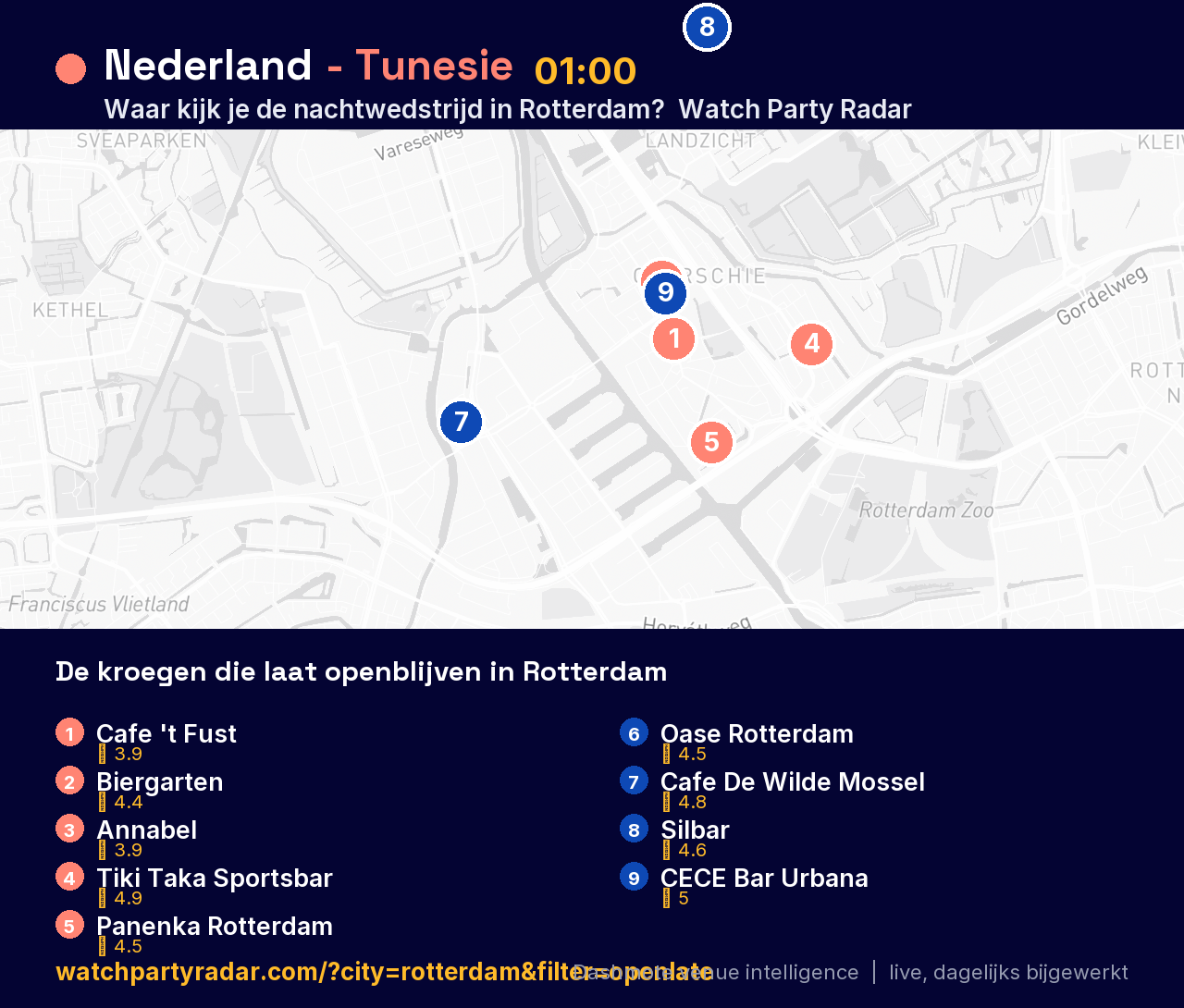 Kaart van kroegen die Nederland - Tunesie uitzenden in Rotterdam